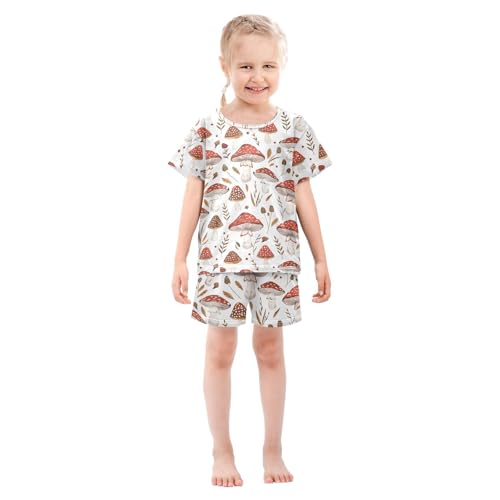 ALAZA Red Mushroom Leaf White Pajamas Short Sleeve 2 Piece Sleepwear Top and Bottom Pajama Set Unisex3