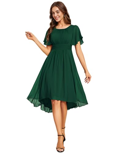 Ever-Pretty Damen-Kleid Für Hochzeitsgäste Kurzärmelig Empire-Taille Chiffon Knielang Elegantes A-Linien-Abendkleid Dunkelgrün 46