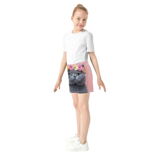 Girls Athletic Shorts Cute Gray Cat Floral Crown Print Colorful Kids Summer Pajama Sleep Gymnastics Shorts, X-Small4