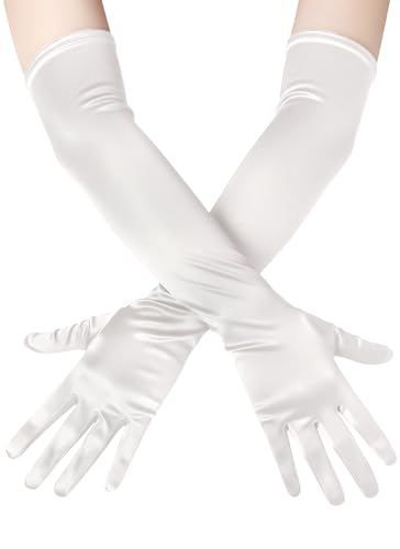 Zinniday White Elbow Length Gloves - 1920s Satin Long Opera Party Gloves for Women, Roaring 20s Tea Party Glove for Bridal 1920's Dance Halloween Cosplay (21.6 inches)
