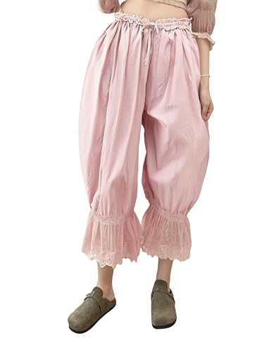Image of Women Lace Long Bloomers Pants Elastic Waist Y2k Ruffle Pettipants Slip Cute Pantaloons Pumpkin Pants