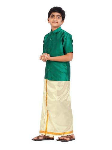 Prakasam Cotton- Art Silk Traditional Boys Dhoti Set, Shirt With Cream Dhoti, Gold Border, Short Sleeve (1-2 Years, Dark Green)