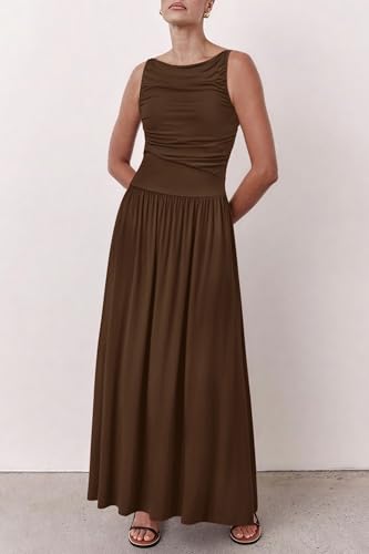 Image of Newshows Women 2025 Summer Maxi Dresses Vacation Ruched Boat Neck Tank Flowy Elegant Party Long Formal Dress Pockets