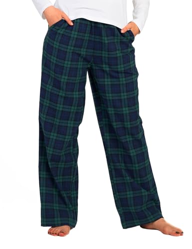 LAPASA Pijama Mujer de 100% Algodón Franela con Estampado Escocés, Pantalones de Pijama para Casa L74 M Cuadros Verde Oscuro + Azul Marino