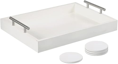 Miniatura 10 de Juleduo Bandeja de servir, bandeja de lujo para mesa de café con asas de metal pulido y 4 posavasos, organizador de barra de café, bandeja