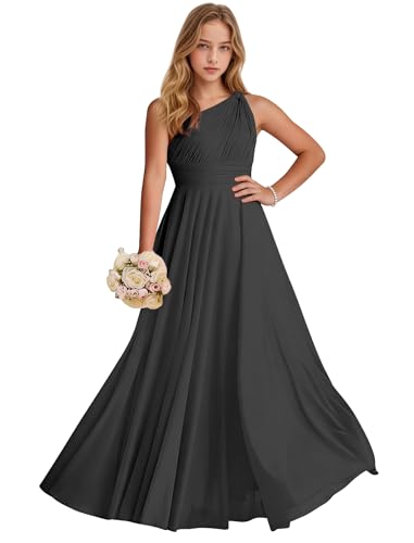 Junior Bridesmaid Dresses One Shoulder Black Prom Gown for Teens Chiffon Pleated Flower Girl Dress Size 16