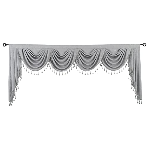 Jade Poke Luxury Waterfall Valances For Windows - Rod Pocket Modern And Elegant Jacquard Valance With Tassels Beads For Bedroom, Living Room Party Banquet Decorations (1 Panel, Grey, W110) #TOP3