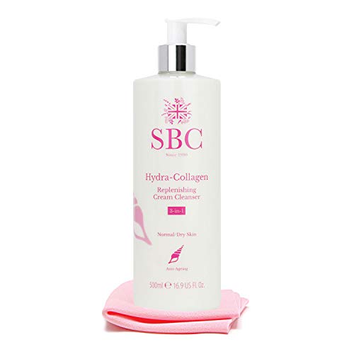 SBC Skincare Hydra-Collagen Replenishing Cream Cleanser with Skin Shammy 500ml, Anti-Ageing Collagen Facial Cleanser, Removes Make-Up, Cleanses, Hydrates
