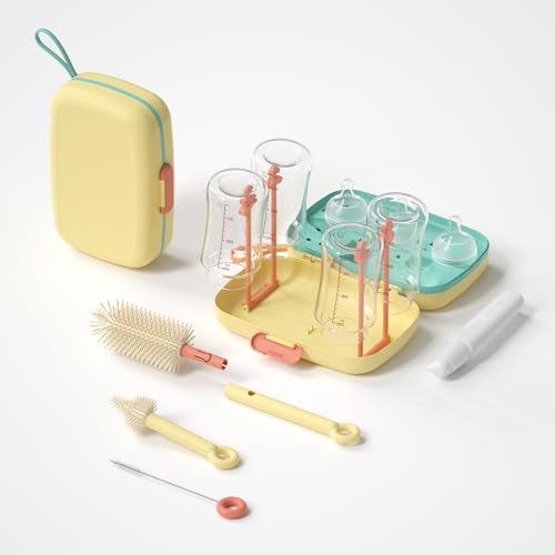 Image of Suvast 7in1 Travel Bottle Cleaner kit,Baby Essentials, with Bottle Brush、Nipple Brush、Straw Cleaner Brush、Soap Dispenser、Bottle Drying Rack、Drainage Tray、Storage Box,Baby Travel Essential (Yellow)