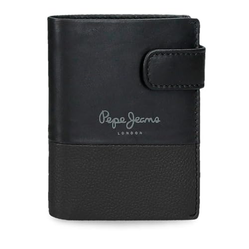Portefeuille vertical Pepe Jeans en cuir noir de 8,5x10,5 cm avec fermeture à clic sécurisée