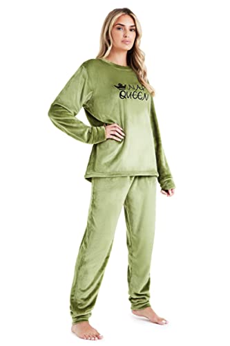 CityComfort Fleece Schlafanzug Damen Lang, 2-Teiliges Pyjama Set, Hausanzug Damen Winter, Geschenke für Frauen Jugendliche (L, Grün)