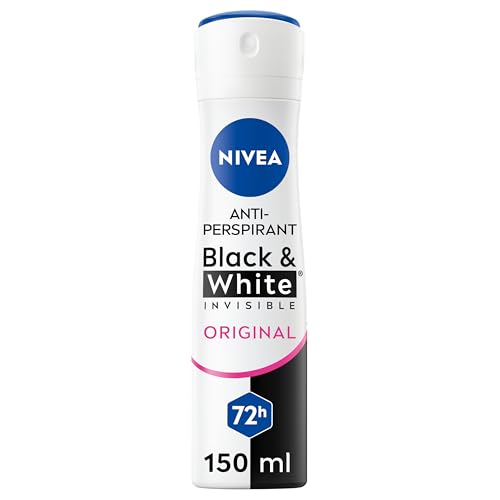 NIVEA Black & White Invisible Original Spray 6 x 150 ml, Deodorante donna antitraspirante 72h, Deodorante spray contro odori, sudore, residui, irritazioni e macchie, Profumo femminile e floreale
