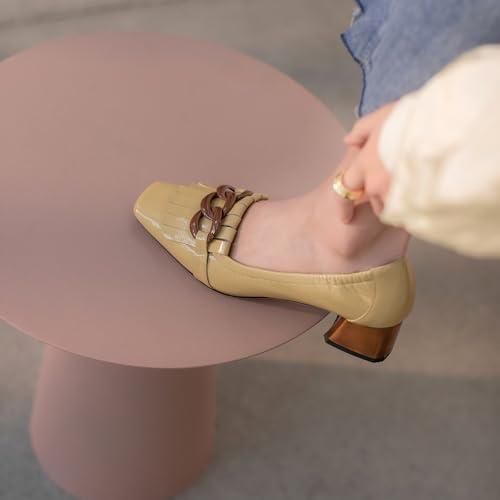 Image of Women's Retro Loafers Shoes Genuine Leather Square Toe Heeled Loafers for Women Slip on Chunky Heel with Chain Tassels Handmade