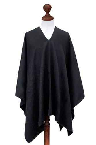 NOVICA Artisan Handmade Men's Alpaca Blend Poncho Peruvian for in Warm Wool Acrylic Clothing Black Solid ' Inca Explorer in Black'4