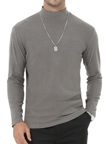 Image of Tyhengta Mens Long Sleeve Thermal T-Shirt Fleece Winter Tops Turtleneck Pullover Stretch Gym Tops Baselayer Grey, XL