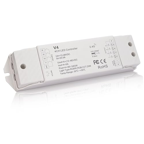 JOYLIT LED Streifen Controller 12-48V 4 Polig 5A/CH 4 in 1, 2.4G PWM Dimmbarer Farbwechsel RGB RGBW CCT Einfarbig Licht Strip Controller, Kompatibel mit V1 V2 V3 VP T1 T2 T3 T4 (Ohne Fernbedienung)