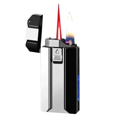 TUVovosd Encendedor inteligente de butano, resistente al viento, doble llama, ventana de aire transparente, inflable, adecuado para camping al aire libre (sin butano) (negro)