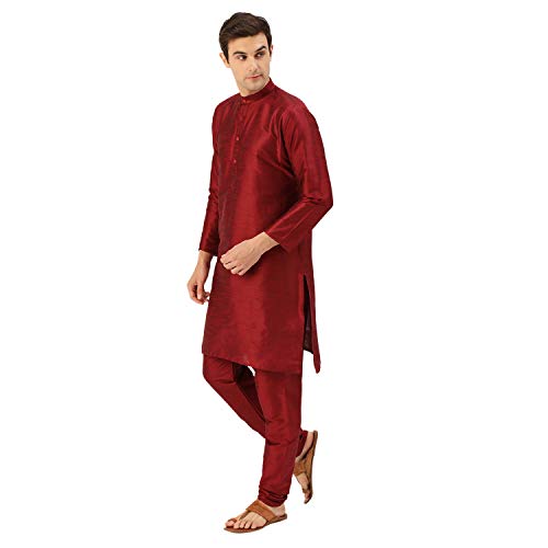 Image of SOJANYA (Since 1958 Men's Cotton Linen Maroon Kurta and White Pyjama with Mustard Cotton Nehru Jacket