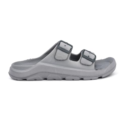 Image of Bata Men's Double Strap Slide Sandals, Grey, EVA Material, Adjustable Buckle, Textured Footbed, Casual Comfort, Open Toe