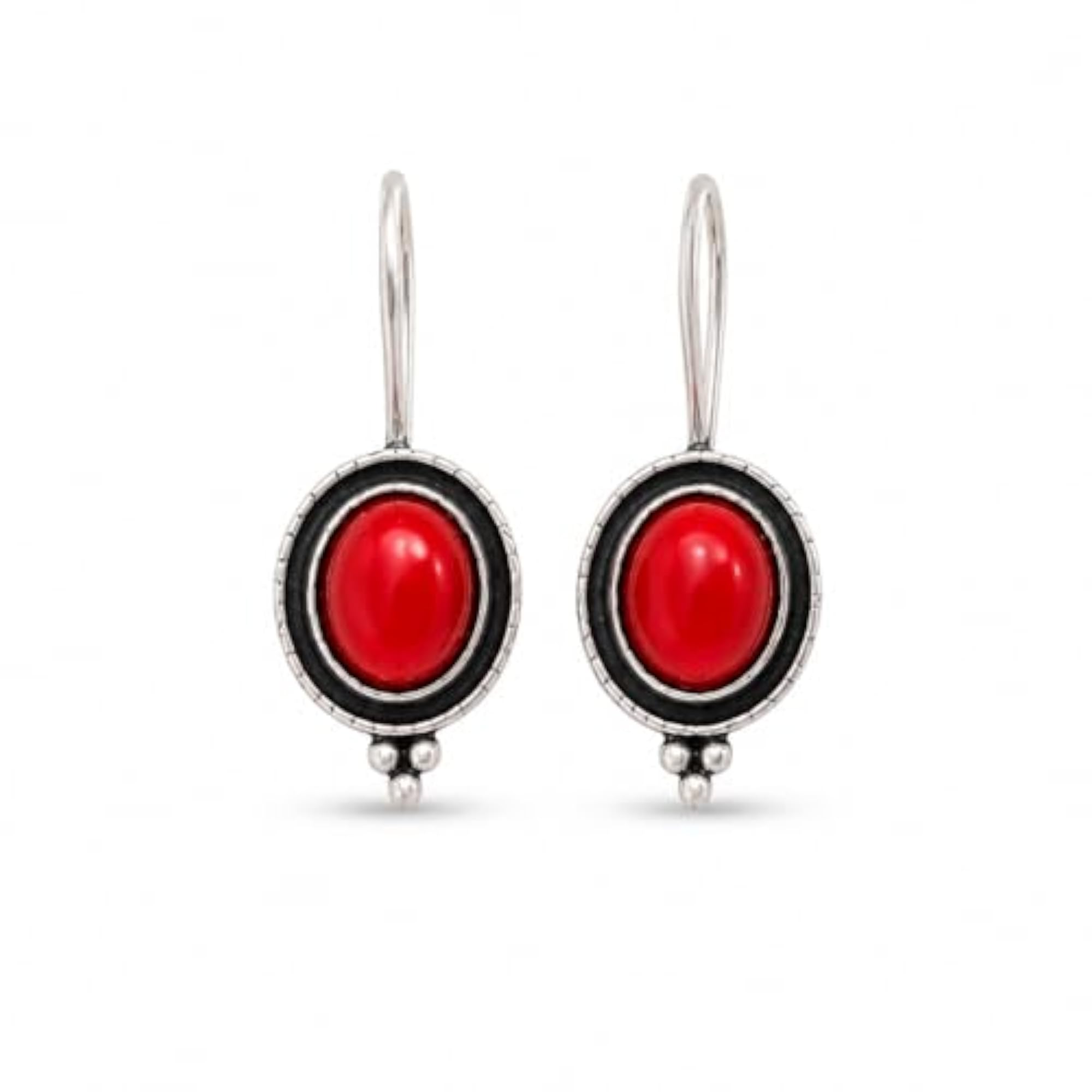 Oxidised Silver Look Red Stone Drop Earrings, Vintage Boho Design