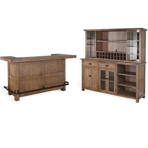 Home Bar and Storage Buffet Cabinet with Hutch in Taupe Brown 2 Piece Set