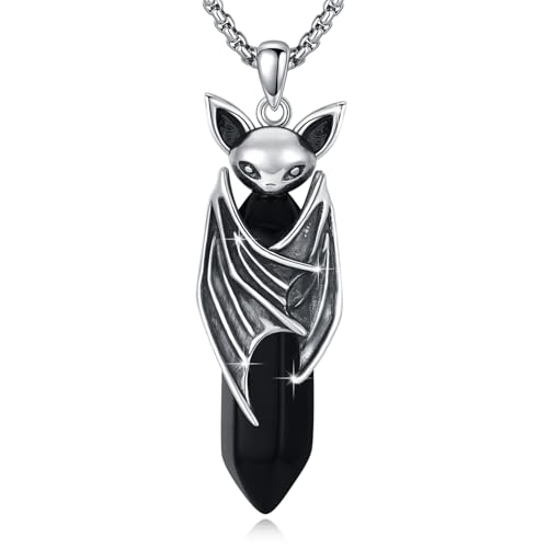 Viking Gothic Animals Necklace Sterling Silver Raven/Phoenix/Dragon/Axolotl/Spider/Bat Pendant Black Crystal Necklace Goth Jewelry Gifts for Father Men Women