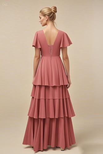 homdor Tiered Ruffles Bridesmaid Dresses for Women 2025 V Neck Chiffon Formal Evening Dresses with Sleeves2