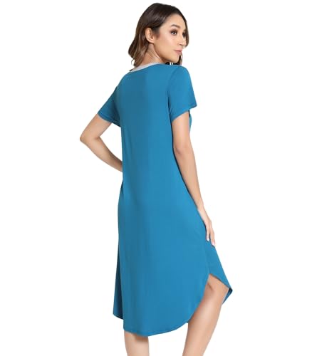 Image of NACHILA Nightgowns for Women-Viscose Made from Bamboo,Short Sleeve Nightshirts V Neck Sleep Shirt Loose Sleep Dress