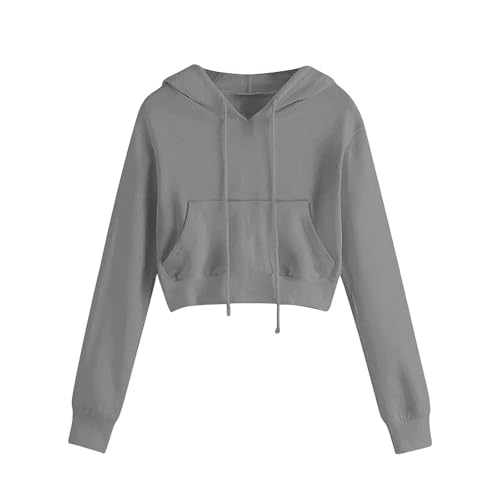 Grey Womens Cropped Hoodie Causal Cropped Hoody Hooded Sweatshirt Long Sleeve Lace Up Neck Pullover Crop Tops Ladies Workout Joggers Dancing Hoodies Y2K Fashion Teen Girls Outfit
