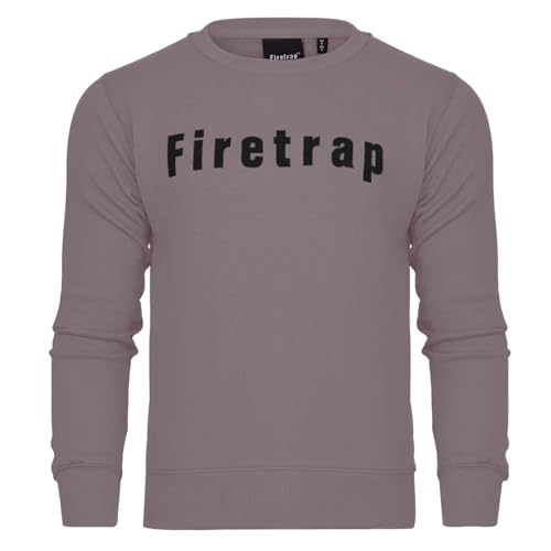 Firetrap Mens Designer Crew Neck Fleece Classic Logo Sweat Top Branded Pullover Jumper Round Neck Soft Cotton Sweatshirt Night Owl Grey 5XL