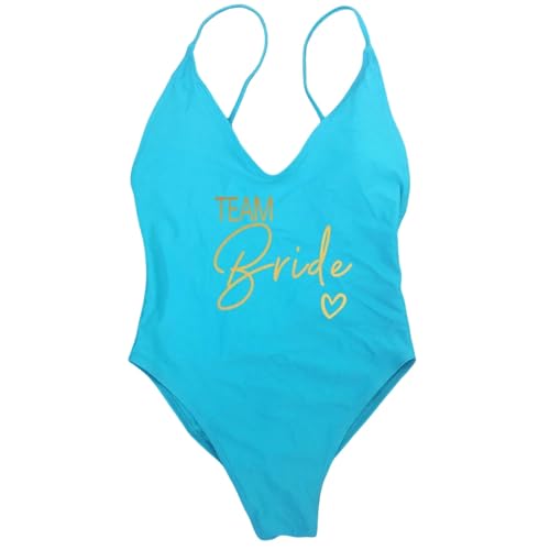 Nogkdyc Team Bride Swimsuit Sexy Einteilige Roségold-Printing-Badebekleidung TeamBride Frauen Strandwege Junggesellenparty Badeanzug Badeanzüge Gepolstert Ohne Durchsicht （S-XL）-Tbride-Blugol-L