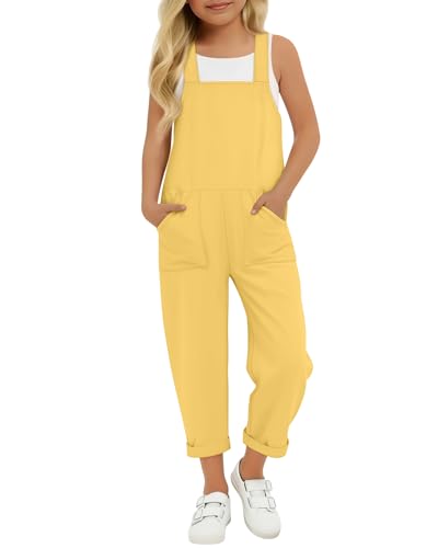 Xaatren Girls Overalls Harem Pants Wide Strap Jumpsuits Loose Rompers Cuffed Hem Long Pants with Pockets 5-14 Years(11-12 Years Light Yellow)