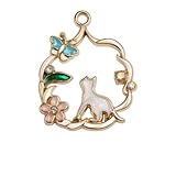 Bonito collar de gato para mujeres y niñas, colgante de gatito esmaltado chapado en oro con mariposa azul, flor rosa y detalles de cristal, joyería de animales de jardín regalo para los amantes de los
