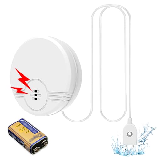 BNGXR Détecteur de Fuite eau 135dB Alarme d’inondation Câble 105CM pour Caves Cuisines Buanderies (Batterie 6F22/9V Incluse)