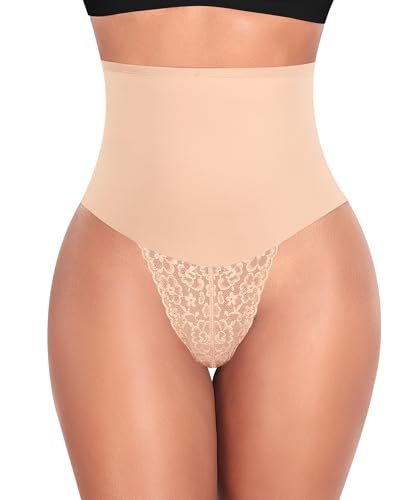 Werena Tummy Control Thong Shapewear for Women Mid High Waisted Body Shaper Underwear Lace Shaping Thong Girdle Panties
