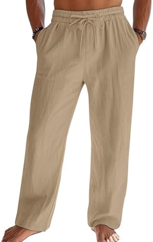 Litthing Leinenhose Herren Leichte Sommerhose mit Tunnelzug Elastisch Bund | Lässige Hosen Lang Herren Loose Fit, Leinen Freizeithose Weit mit Seiten- und Gesäßtaschen für Urlaub,