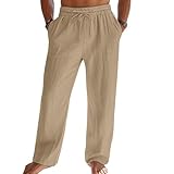 Litthing Mens Linen Trousers Cotton Summer Casual Pants Loose Fit Lounge Elasticated Waist Drawstring Trousers Lightweight Bottoms with Side & Back Pockets for Holiday Summer Beach Dark Khaki