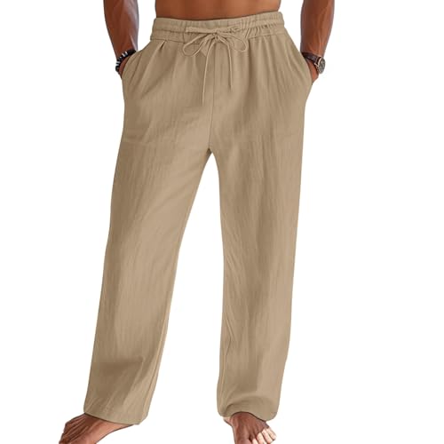 Image of Litthing Mens Linen Trousers Cotton Lightweight Summer Trousers Loose Fit