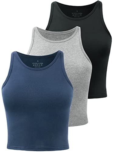 Yeawinta Tank Top For Women High Neck Crop Tops Sleeveless Workout Shirts Basic Cami Top Cropped Summer Tanks 3 Pack Black/Grey/Navy Blue Medium #TOP16