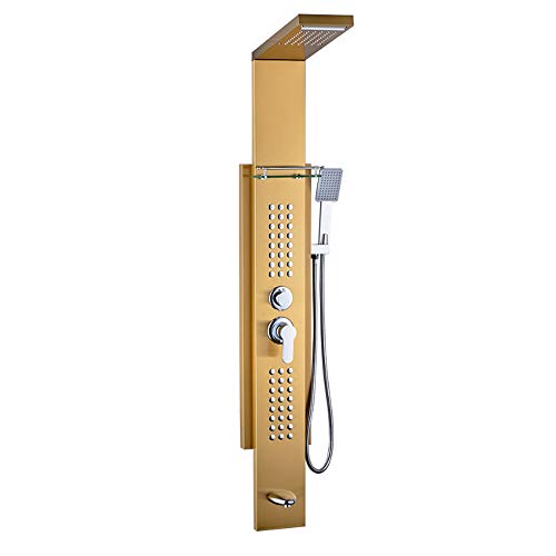 Panel de Ducha Sistema Multifunción en Acero Inoxidable con Acabado Dorado Cepillado, Cabezal de Ducha Cascada, Duchador de Mano, Chorros Corporales y Salida para Bañera miniatura 1