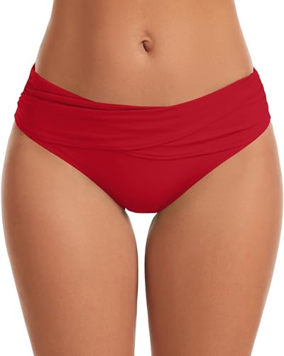 Vogueric Womens Swimsuit Bikini Bottoms Full Coverage Ruched Bathing Suit Bottom Red Medium