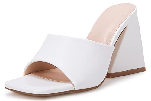 VETASTE Women's Heeled Sandals Square Open Toe Slip on Block Heels Mules