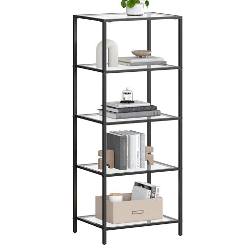 VASAGLE Bookcase, 5-Tier Bookshelf, Slim Shelving Unit for Bedroom, Bathroom, Home Office, Tempered Glass, Steel Frame, Ink Black ULGT029B61
