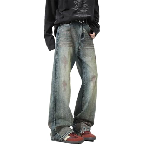 Men Denim Trousers Design Contrast Color Loose Wide Leg Jeans