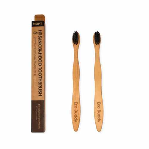 Image of NATURE CURE WOODWORKS Bamboo Toothbrush With Charcoal Activated Soft Bristles - Pack of 2 | For Fungus Protection | Bpa Free, Biodegradable And Compostable Handle | Eco-friendly |
