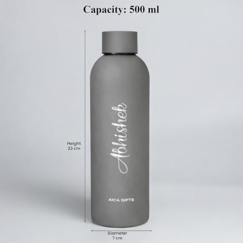 Image of AICA Personalized Name Stainless Steel Water Bottle -500ml-12Hrs Hot & 18Hrs Cold (Grey) |Customised Gift For Man Woman Girl Boy