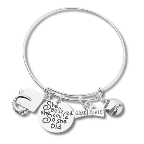 Sportybella Graduation Softball Charm Bracelet, Adjustable Silver Bangle with She Believed She Could So She Did and Graduation Charms, Jewelry & Gifts for Graduates and Players