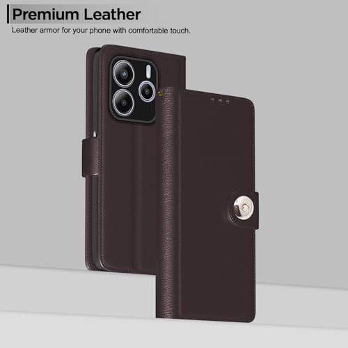 Image of Pikkme Flip Cover Leather Finish | Inside TPU with Card Pockets | Wallet Stand and Shock Proof | Complete Protection Button Flip Case for Redmi Note 14 5G (Coffee)