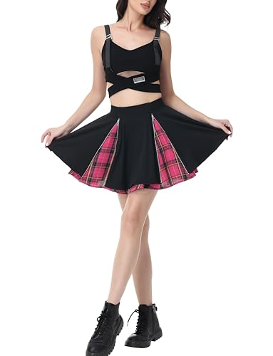 Kisidoo Gothic Skirts Cute High Elastic Waisted Plaid Kilts for Women Trendy Hem Flared Knee Length Mini Skater Skirt2