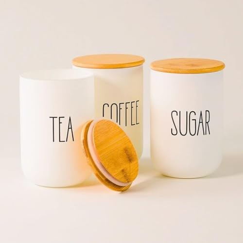 3'lü Bambu Kapaklı Seramik Kavanoz Seti - Vakumlu Çay Şeker Kahve Saklama Kabı - Coffee Sugar Tea Yazılı Beyaz Baharatlık (700 ml) - Görsel 7